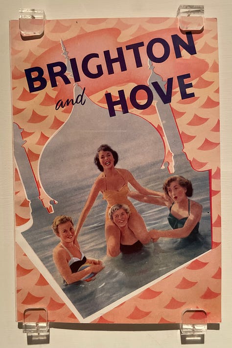 Portrait of a dog's head; 50s style poster of three women playing in the sea; reclining woman in bed