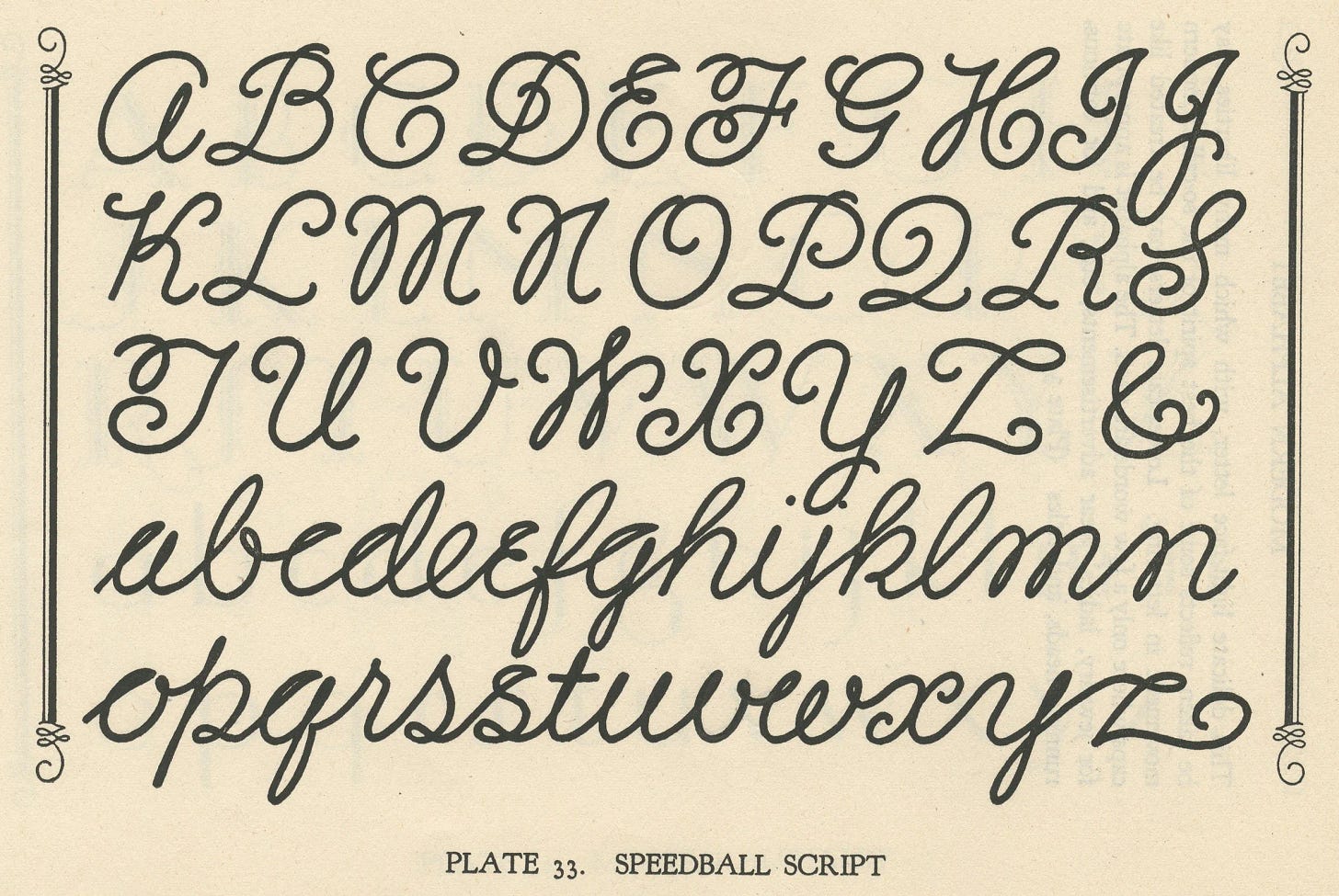 Vintage lettering guide titled “Script single stroke,” showing bold uppercase and lowercase monoline script alphabets in black ink, with notes about using a round point lettering pen on cream paper.