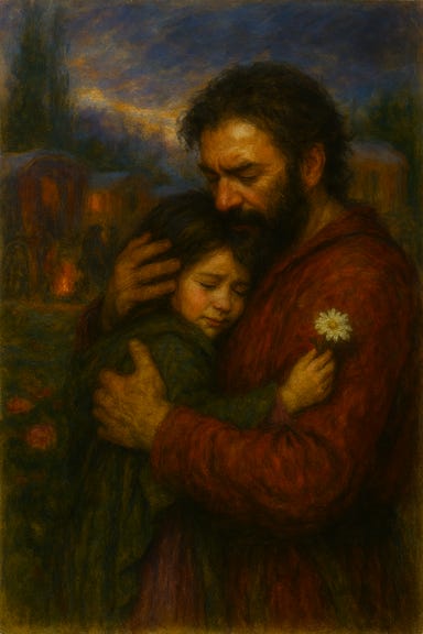 Arabelle reunited with Luvash in the Vistani encampment. Arabelle, a 7-year-old Vistani girl with long dark wavy hair, olive-toned skin, and expressive brown eyes, runs into the arms of Luvash, a rugged Vistani man with a thick beard, embroidered vest, and weathered face. He kneels to embrace her, tears in his eyes, as lanterns glow softly around the wagons in the background. The mist curls gently through the trees, and other Vistani watch quietly from a distance. The atmosphere is warm, emotional, and cinematic—capturing the moment of reunion after danger.