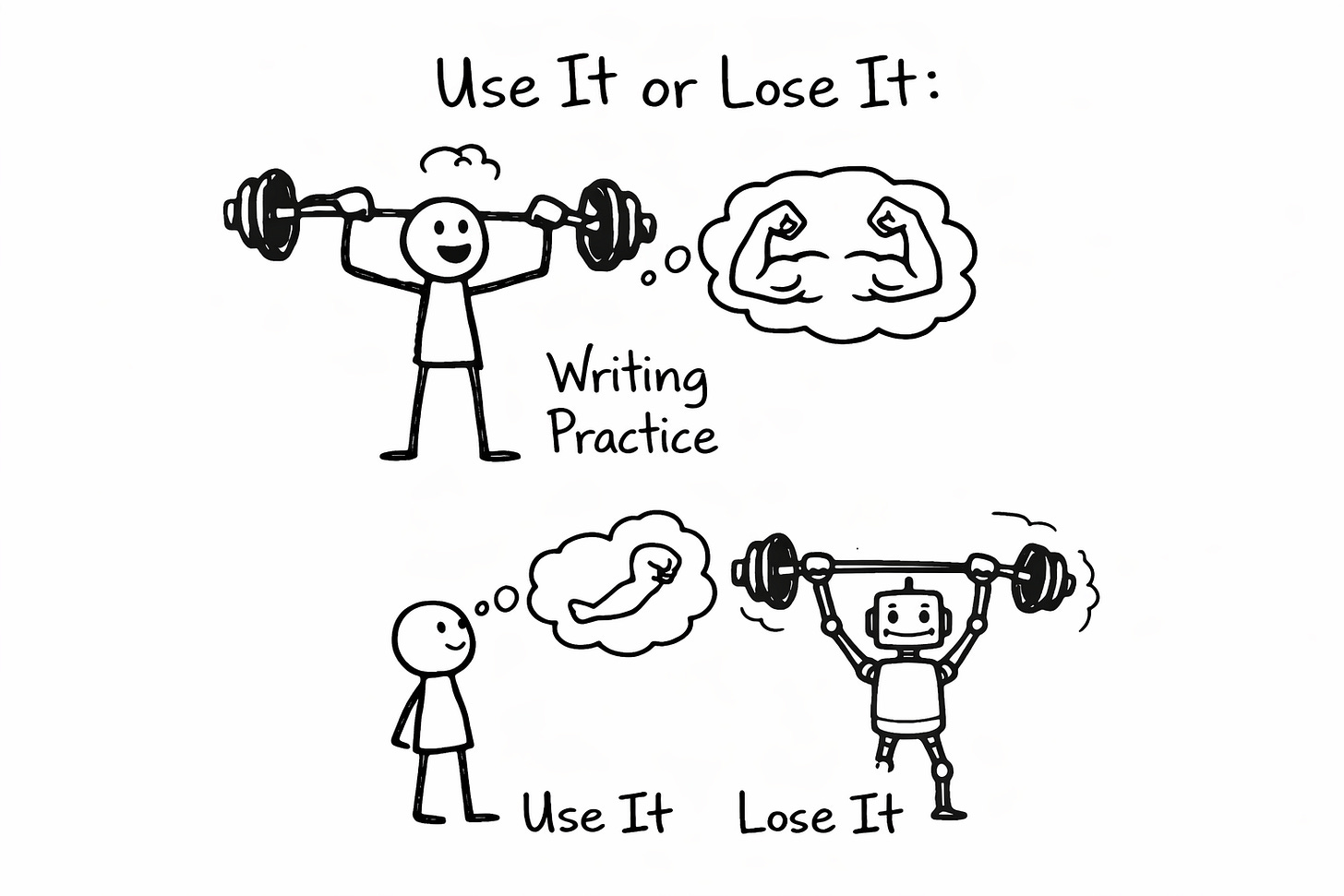 Whiteboard illustration showing writing practice strengthening creative ability versus watching AI write leading to creative skill atrophy. Whiteboard illustration showing writing practice strengthening creative ability versus watching AI write leading to creative skill atrophy.