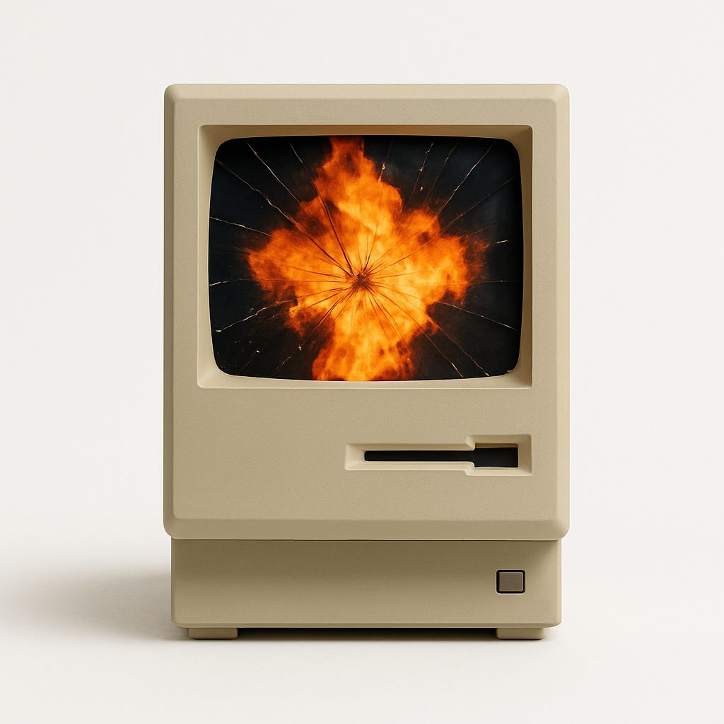 “A vintage beige personal computer with a cracked screen showing an explosion of bright orange flames against a dark background, set on a clean white backdrop.