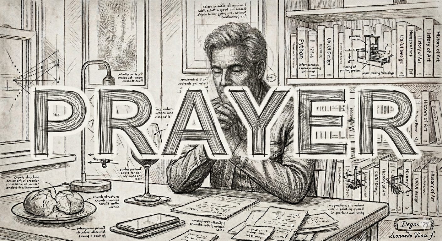 The image features a detailed, intricate sketch of a man with a beard and intense expression, his head resting on his hands. He is surrounded by an elaborate, library-like structure filled with books, architectural drafting tools, and various objects, creating a conceptual, surreal environment around him. The word PRAYER is prominently displayed in large, stylized letters across the center of the image. The image features a detailed, intricate sketch of a man with a beard and intense expression, his head resting on his hands. He is surrounded by an elaborate, library-like structure filled with books, architectural drafting tools, and various objects, creating a conceptual, surreal environment around him. The word PRAYER is prominently displayed in large, stylized letters across the center of the image.