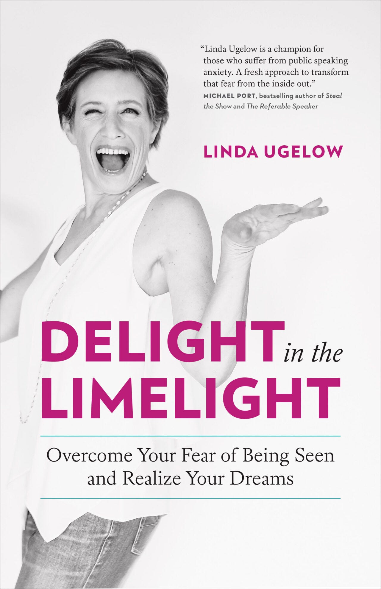 book cover with white background and pink text that says delight in the limelight, woman with short hair smiling with mouth open wearing a white tank top