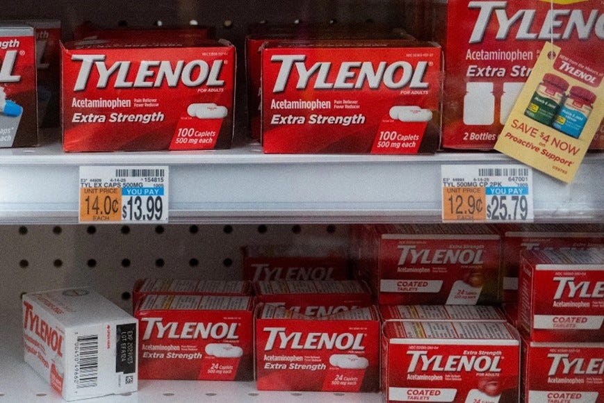 Retail shelf displaying various boxes of Tylenol Extra Strength acetaminophen products with price tags.