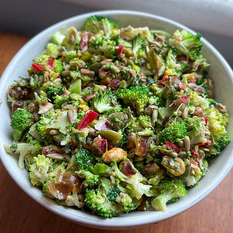 Peaches in yoghurt with mint, yoghurt mint, pomegranates, prosciutto necatarine salad, broccoli salad, tomato salad with burrata, heirloom tomatoes