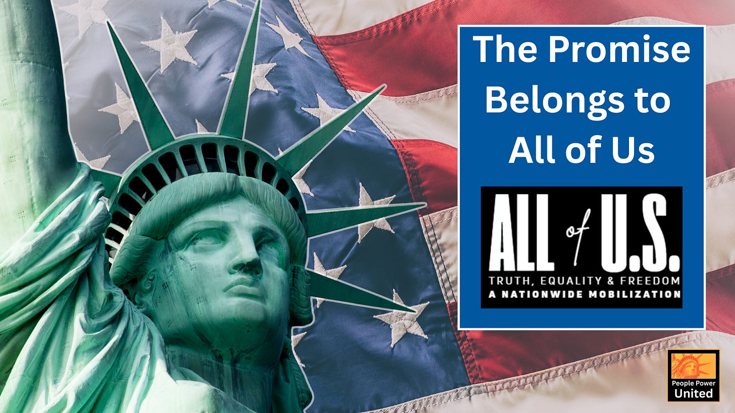 the promise of america belongs to all of us. image of statue of liberty and american flag.