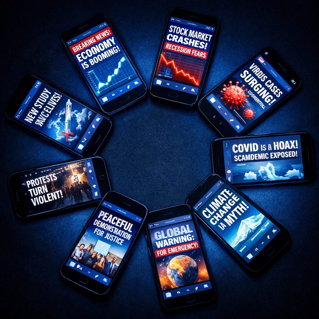 Multiple smartphone screens displaying conflicting news headlines and social media echo chambers Multiple smartphone screens displaying conflicting news headlines and social media echo chambers