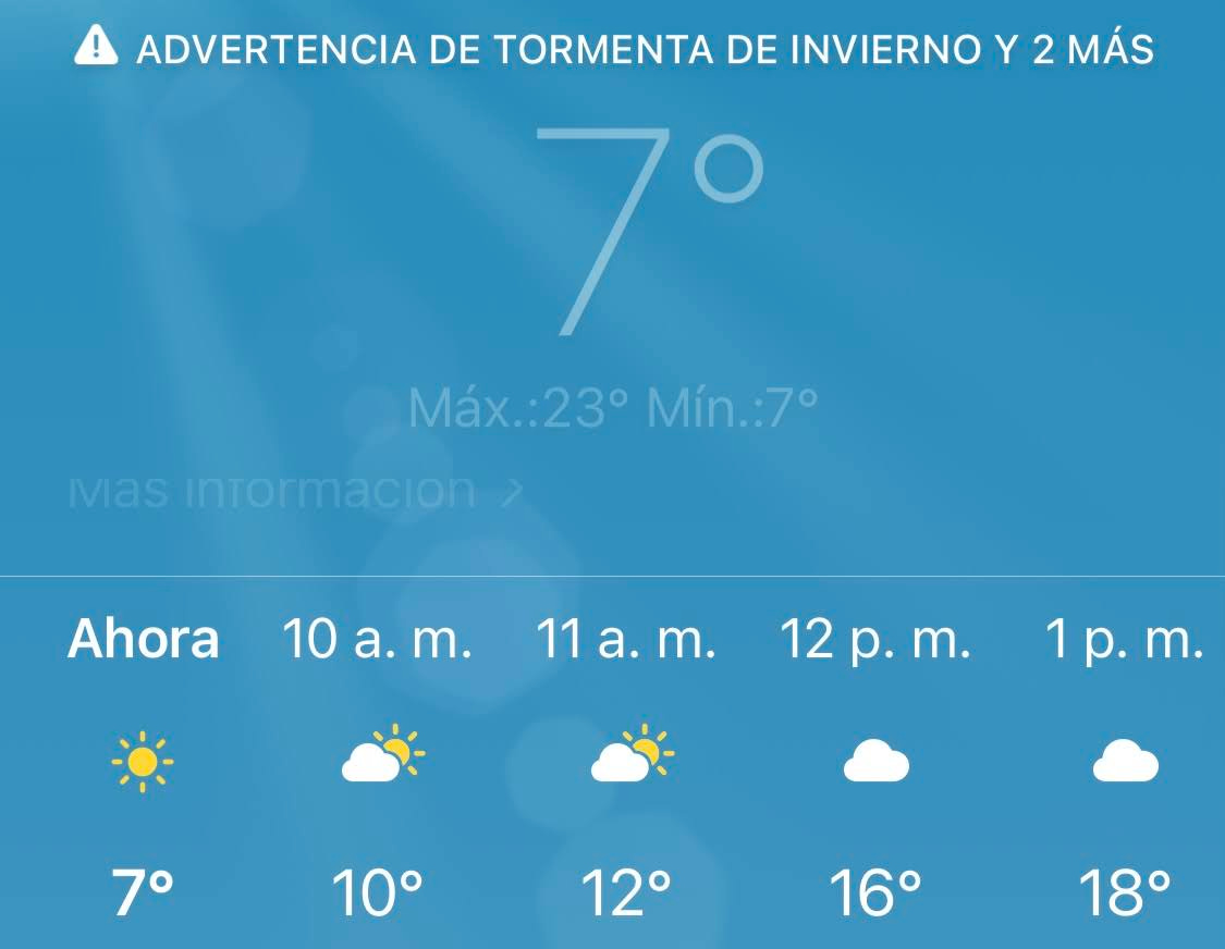 a screenshot from the weather app showing the tempreture at 7 degrees fahrenheit