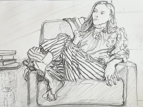 Sketch, a watercolor, and an underpainting in transparent red oxide of a woman relaxing in chair