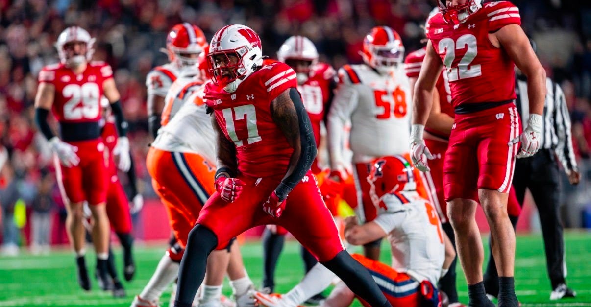 Wisconsin defensive lineman Daryl Peterson celebrates after recording a sack against Illinois Wisconsin defensive lineman Daryl Peterson celebrates after recording a sack against Illinois