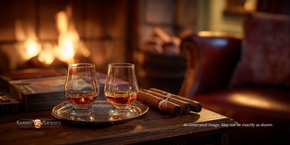 Cozy whiskey and cigar lounge with leather chairs, two whiskey glasses on a small table, cigars nearby, and soft lighting creating a refined and relaxed atmosphere. Cozy whiskey and cigar lounge with leather chairs, two whiskey glasses on a small table, cigars nearby, and soft lighting creating a refined and relaxed atmosphere.