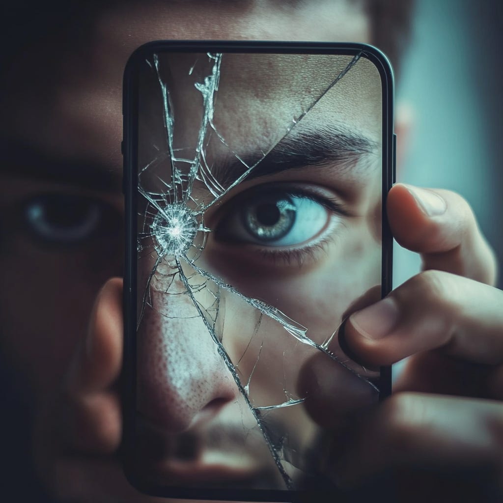  A person looking at their reflection in a cracked phone screen, but the reflection shows them without the phone, looking directly at themselves.
