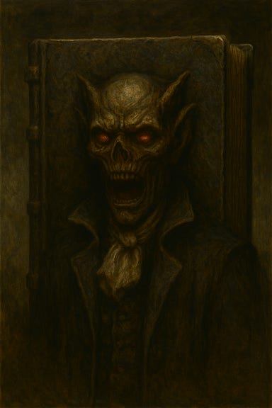 A gothic fantasy depiction of the Tome of Strahd. The book rests on a stone pedestal inside a candlelit chamber of Castle Ravenloft. Its cover is deep crimson leather, cracked and weathered, with silver clasps and a central emblem shaped like a bat-winged skull. Arcane symbols are etched along the spine and corners. The pages glow faintly with cursed energy, and a shadow seems to linger just above the book. Surrounding the pedestal are scattered rose petals, wax drips, and faint mist curling along the floor. The atmosphere is mysterious, ominous, and steeped in ancient magic.