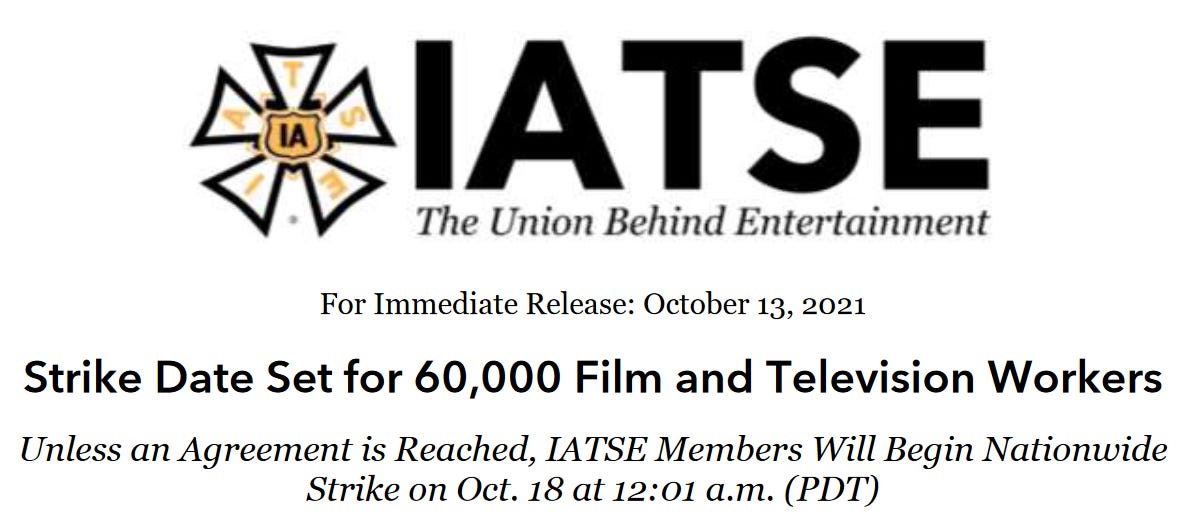 October 13, 2021 strike date for 60,000 film and TV workers October 13, 2021 strike date for 60,000 film and TV workers