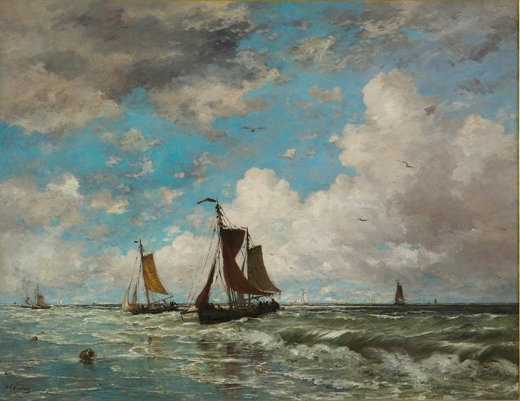 'Vissersschepen in de branding' - olieverf op doek: Hendrik Willem Mesdag