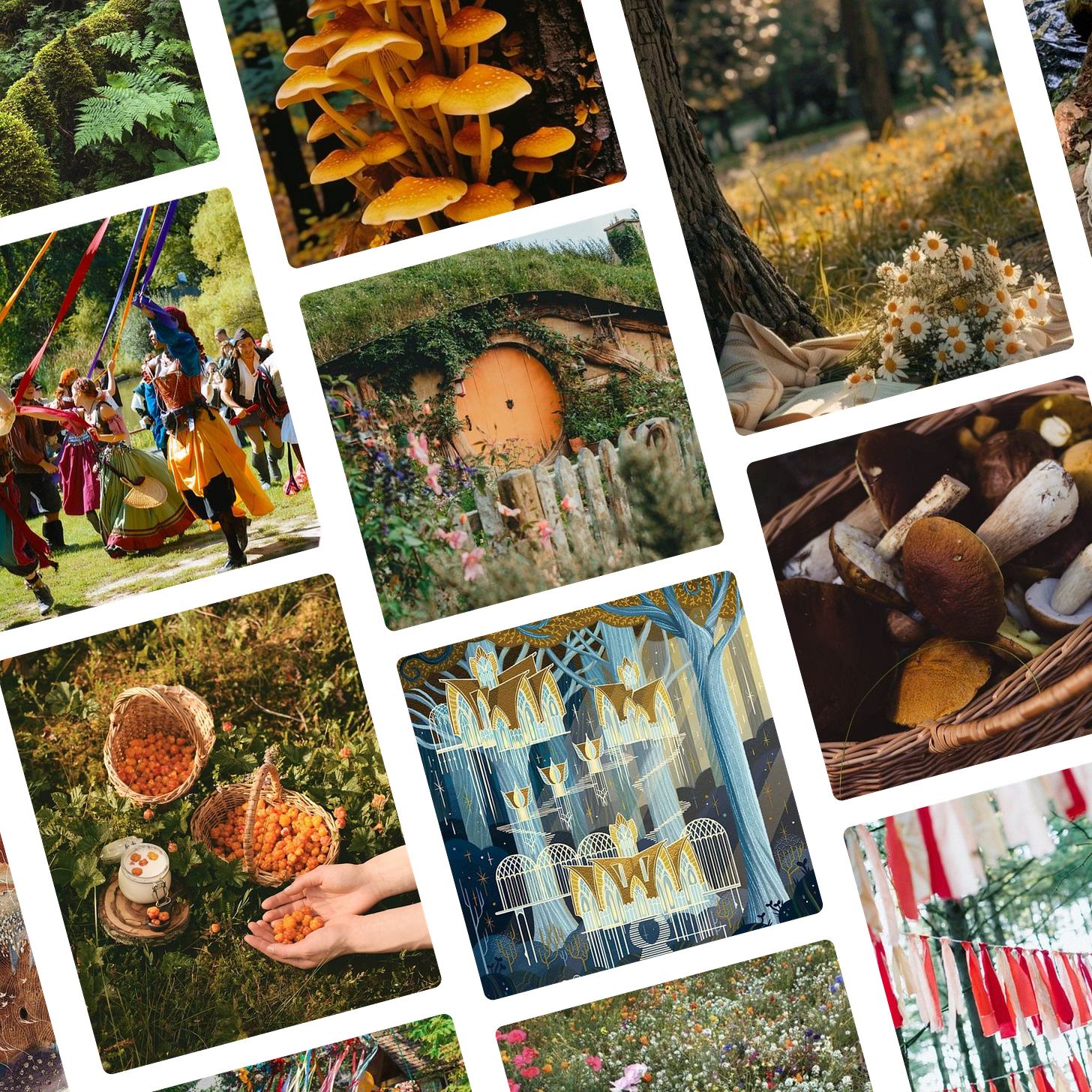 A moodboard featuring various scenes of hobbit-style life, including people dancing around a maypole, baskets full of berries, flowers and books under a tree, mushrooms galore, ribbons in the air, a print of Lothlorien and, of course, a Hobbit hole.