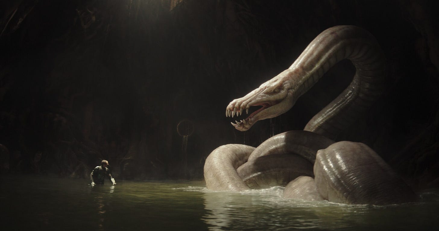 The Mandalorian (Pedro Pascal) and Dragonsnake in Lucasfilm’s Star Wars: The Mandalorian and Grogu. The Mandalorian (Pedro Pascal) and Dragonsnake in Lucasfilm’s Star Wars: The Mandalorian and Grogu.