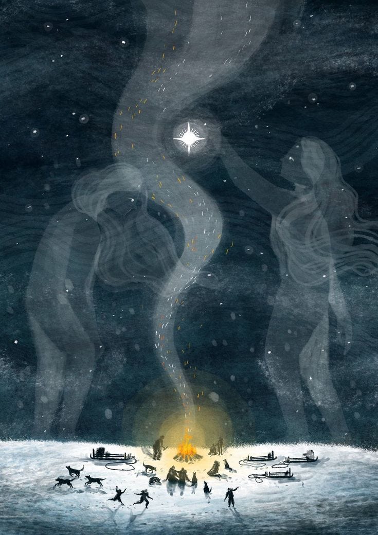 A group of people and sled dogs gather around a fire in the middle of a snowy field. Stars fill the darkened night sky and out of the smoke from the fire rises the outline of two female forms with long flowing hair A group of people and sled dogs gather around a fire in the middle of a snowy field. Stars fill the darkened night sky and out of the smoke from the fire rises the outline of two female forms with long flowing hair