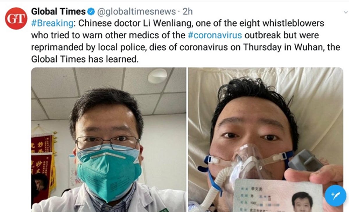 Εικόνες του Li Wenliang που κυκλοφόρησαν και προβλήθηκαν ευρέως από κορυφαία ειδησεογραφικά μέσα σε όλο τον κόσμο Εικόνες του Li Wenliang που κυκλοφόρησαν και προβλήθηκαν ευρέως από κορυφαία ειδησεογραφικά μέσα σε όλο τον κόσμο
