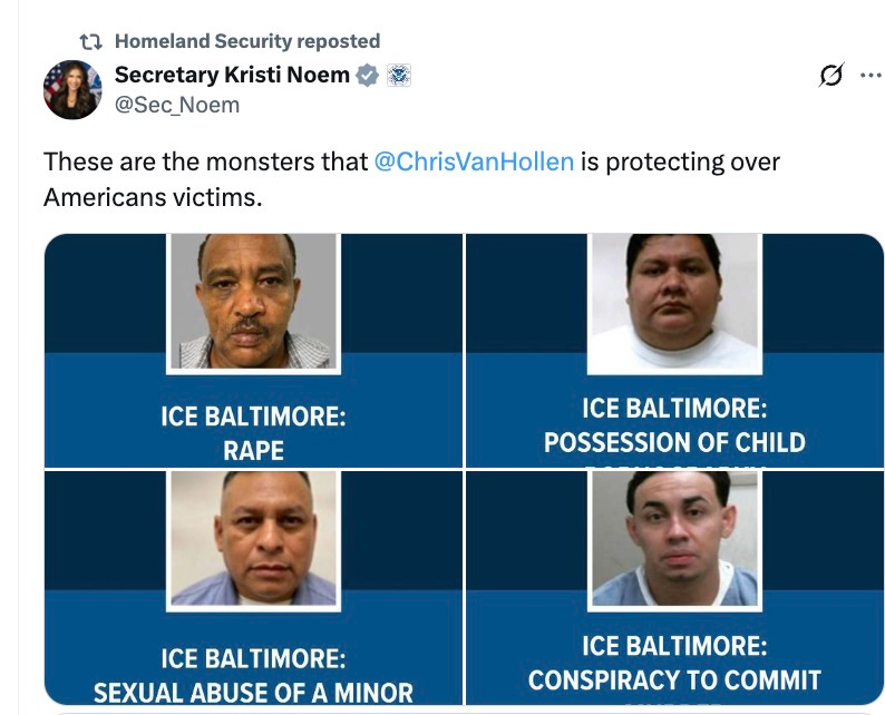 Noem: These are the monsters that Chris Van Hollen is protecting over Americans [sic] victims.