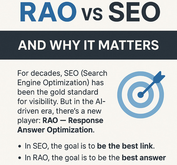 Infographic comparing SEO and RAO. Text explains that SEO has long been the standard for visibility, but AI introduces Response Answer Optimization (RAO). Bullet points state: in SEO, the goal is to be the best link; in RAO, the goal is to be the best answer. A blue target with an arrow symbolizes precision.