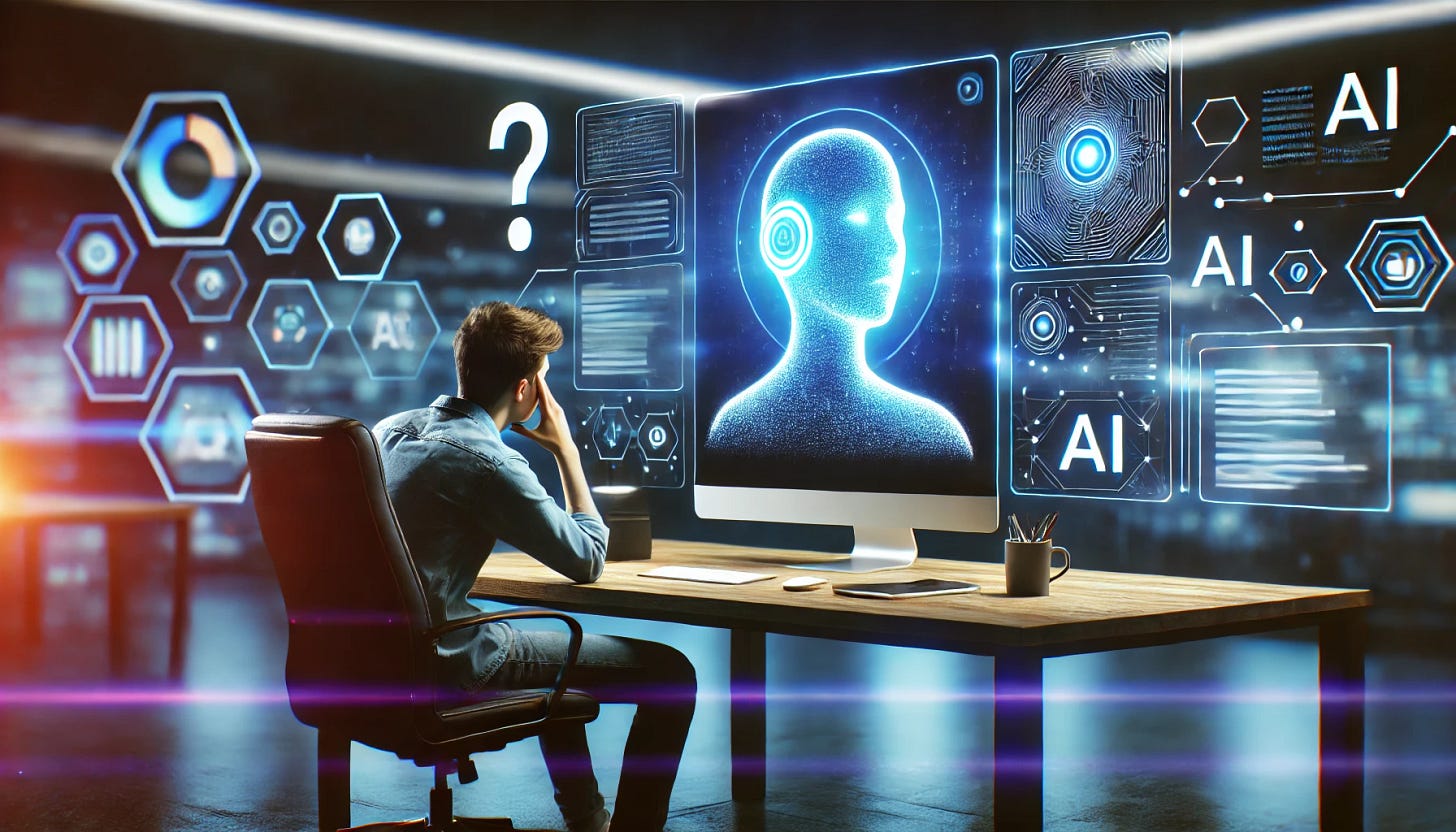 A futuristic digital workspace with a glowing AI interface on a large screen. A frustrated user sits at a desk, looking puzzled at their computer screen. In the background, a second screen displays a glowing, vibrant AI-generated response, symbolizing improvement. The scene is illuminated with a sleek, modern blue and purple color scheme, emphasizing advanced AI technology. No text present in the image.