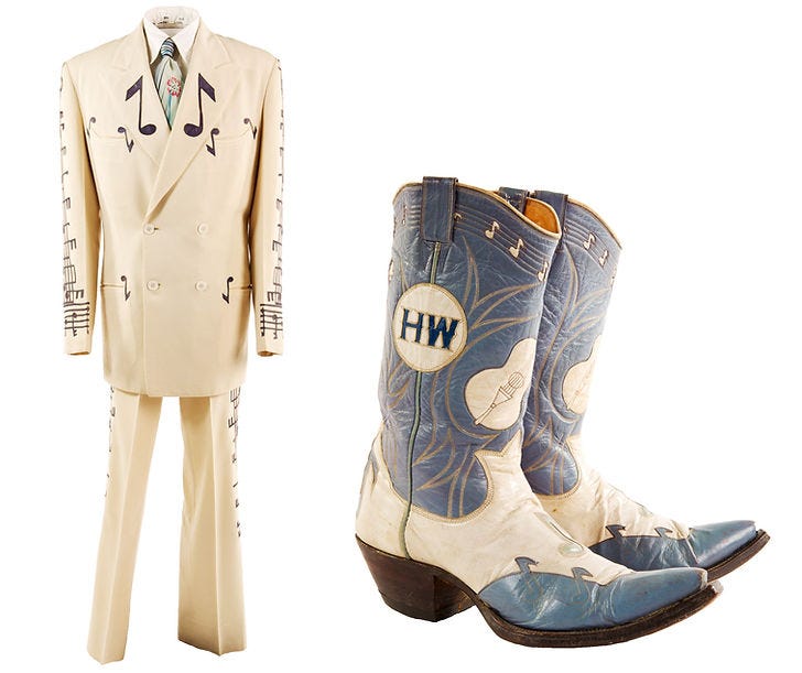 Hank Williams' famous music notation and custom boots by Nudie's. Nudie's father was a bootmaker in Ukraine.