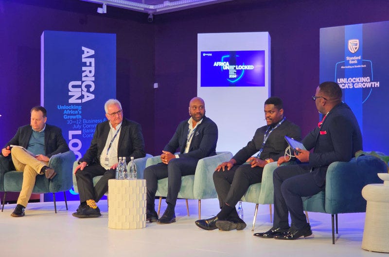 From left to right: Craig Irvine, Group CEO of Irvine’s Africa; Brian Lever, Chairman of AGT Foods; Désiré N'zi, CFO for Africa at Bühler Group; Marvin Nii Adom Armah, Senior Account Manager at Farmerline; and moderator Bongani Bingwa.