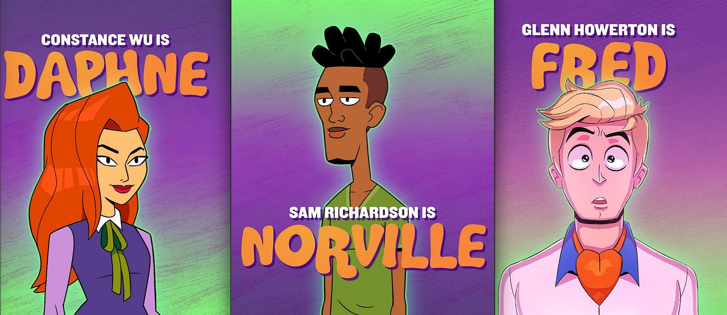 3 side by side images of the cartoon designs for Daphne (played by Constance Wu), Norville/Shaggy (played by Sam Richardson), and Fred (played by Glenn Howerton) 3 side by side images of the cartoon designs for Daphne (played by Constance Wu), Norville/Shaggy (played by Sam Richardson), and Fred (played by Glenn Howerton)