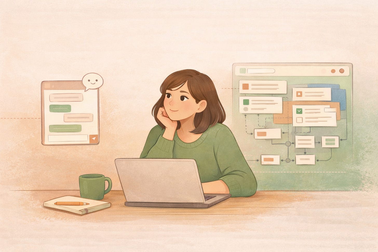 Illustration of a developer sitting at a laptop, comparing a chat assistant interface with a structured AI-powered workflow made of connected UI components.