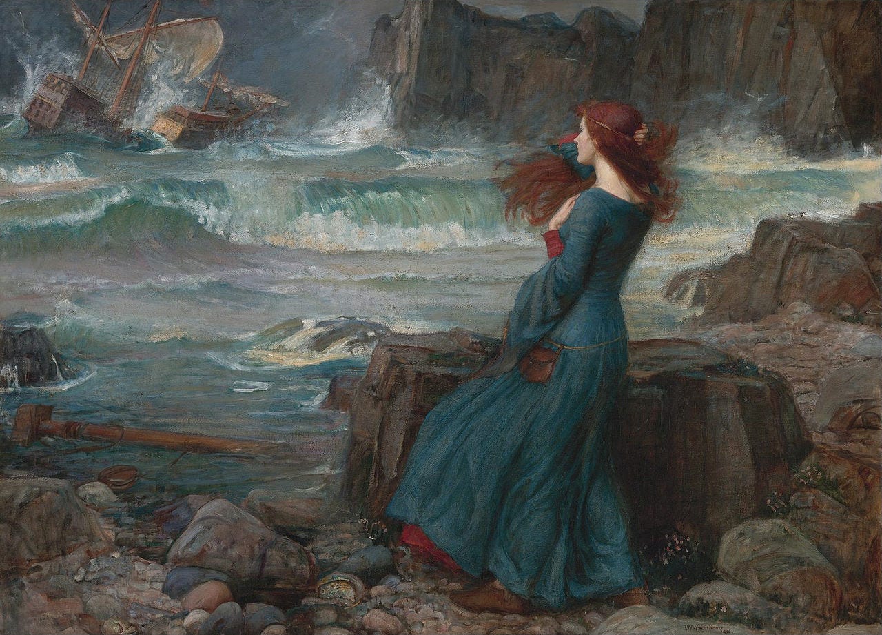 Painting showing Miranda observing the wreck of the King's ship