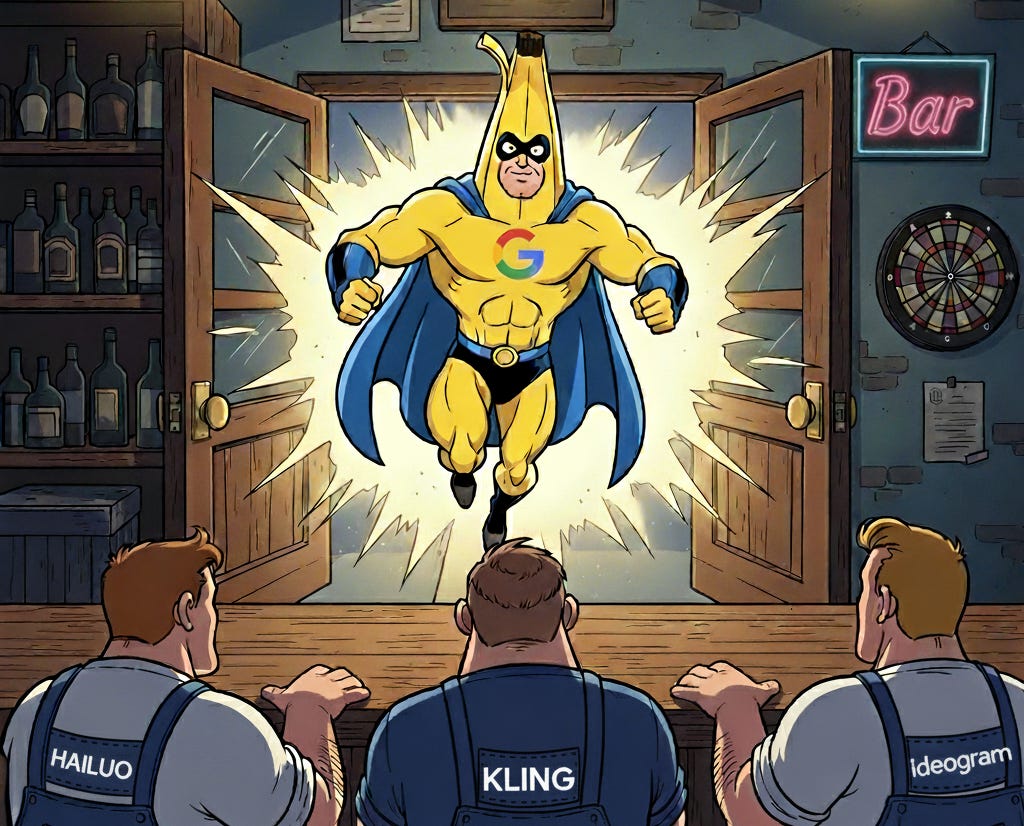 AI-generated cartoon of a Google-branded banana superhero bursting into a bar, with men badged Hailuo, KLING and Ideogram looking on