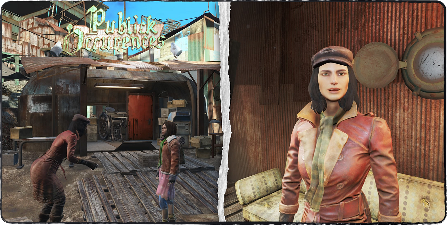 A screenshot showing Piper talking to her sister, Nat and then interviewing the Sole Survivor for an exclusive story for the Publick Occurrences!