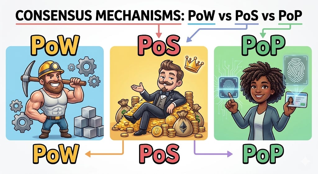 PoW and PoS filtered by resources. PoP filters by reality. PoW and PoS filtered by resources. PoP filters by reality.