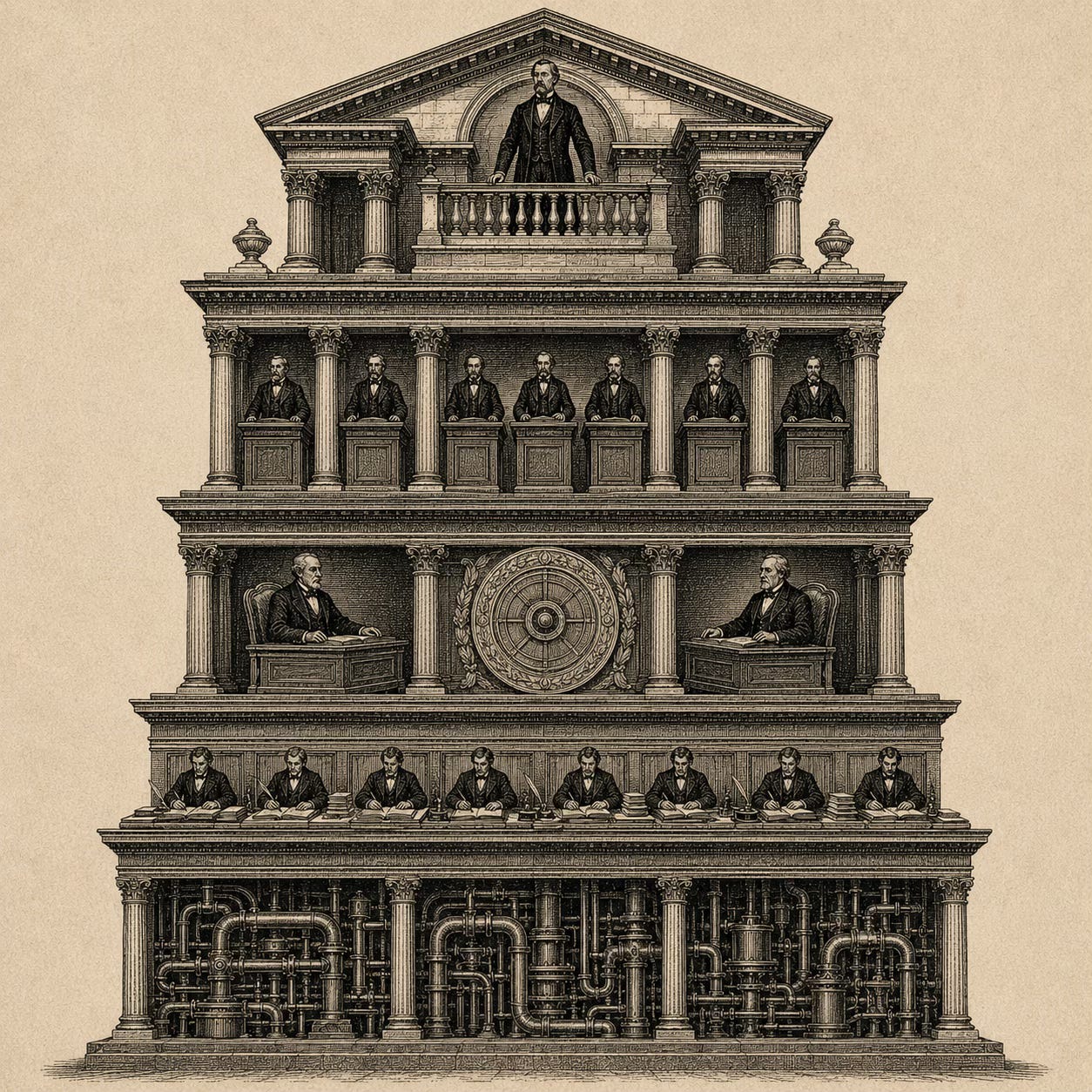 Wood-engraving editorial illustration in the Thomas Nast Harper's Weekly style for Attention Capital's essay The Playbook Already Built. The image depicts a vertical five-tier classical architectural pediment representing the five-layer model of asset class institutionalization. From bottom to top: documentation infrastructure as foundational pipes, standardized collection as ledger attendants, the rating-agency seal flanked by officials, specialist funds as a colonnade, and the PE buyer as the crowning institutional figure on the upper balcony. The visual argument: each layer compounds the next, and an asset class clears at credit-grade spreads only when all five are in place. Keywords: music catalog ABS infrastructure, behavioral cash flow finance, private credit institutionalization, Blackstone, Apollo, KKR, rated ABS template.