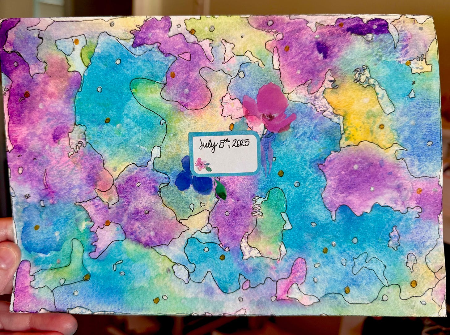 abstract watercolor painting with galaxy colors with June 5, 2025 in the middle of the painting