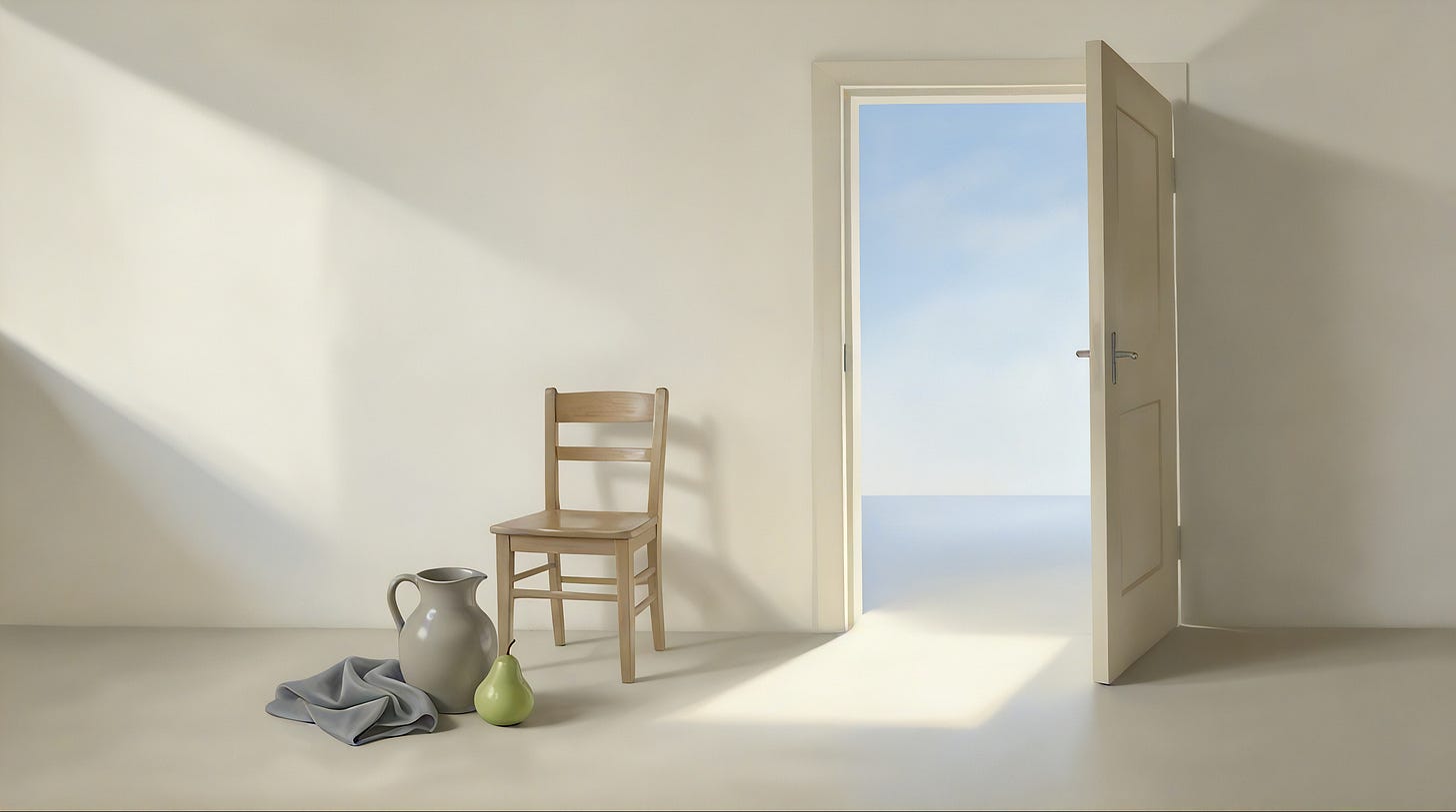 A bare white room in soft light, a single wooden chair and a few small objects on the floor, an open door at the far wall opening onto pale empty sky.
