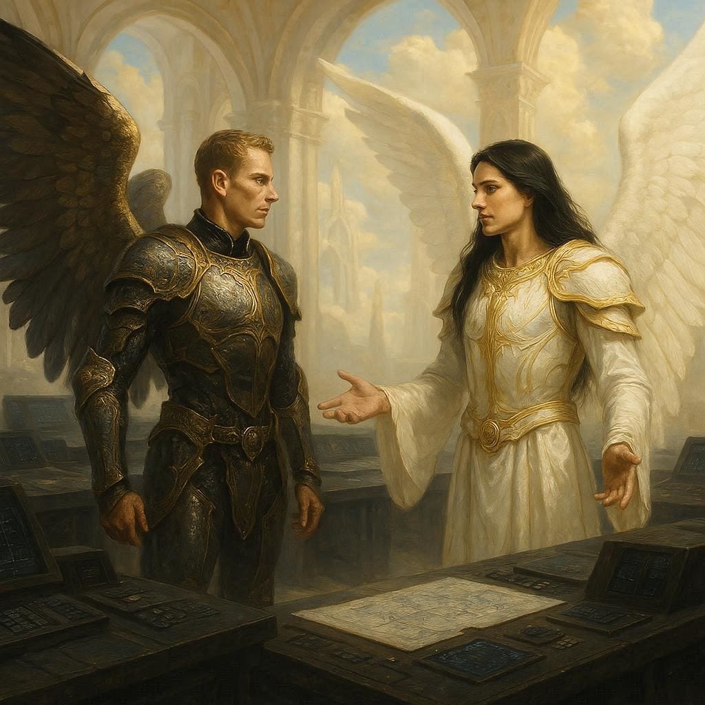 a lean warrior angel in gold and black armor standing in a tactical room being confronted by an angel who wears white and gold armor who has long black hair. realistic. heavenly. in heaven.