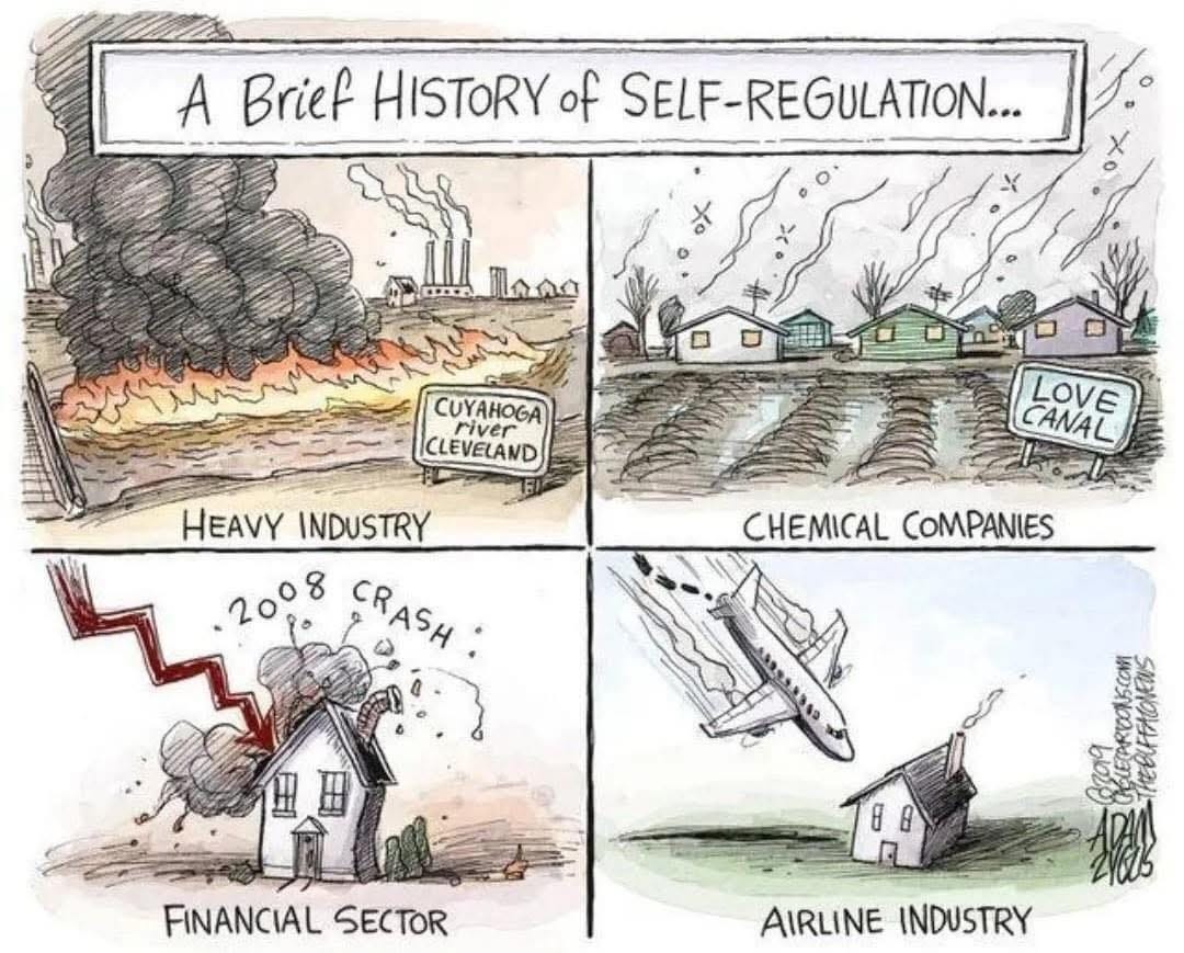 May be a graphic of map and text that says 'A Brief HISTORY of SELF-REGULATION... CUYAHOGA river CLEVELAND LOVE CANAL HEAVY INDUSTRY 2008 CRASH: CRASH: CHEMICAL CHEMICALCOMPANIES COMPANIES 田田 8 FINANCIAL FINANCIALSECTOR SECTOR AIRLINE INDUSTRY'