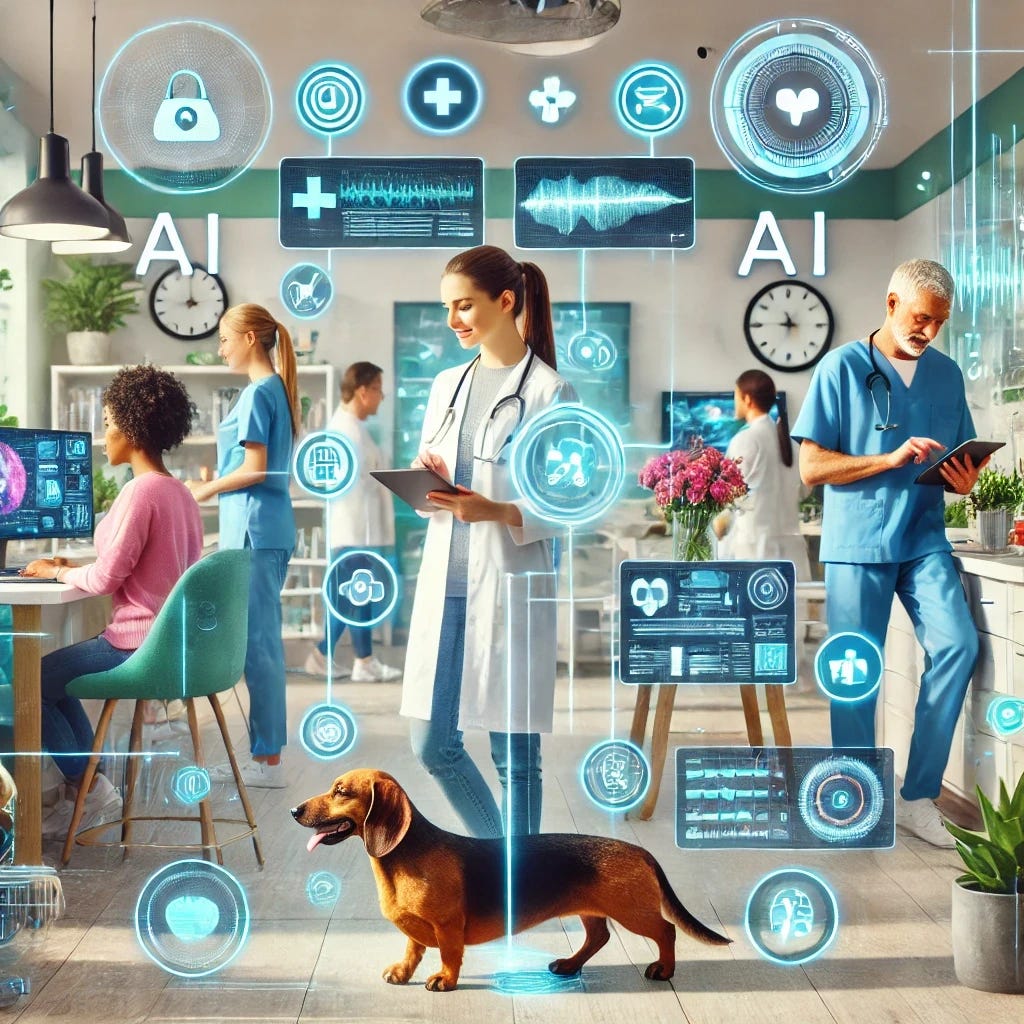 A vibrant and modern veterinary clinic hospital scene showing a diverse veterinary team enjoying their work in a busy yet organized environment. The team is connected through AI on devices, such as tablets, wearable tech, and holographic displays, enabling seamless communication and workflow management. The clinic features advanced diagnostic tools, a well-organized workspace, and a welcoming atmosphere with happy clients and their pets, including a calm dachshund. The setting highlights teamwork, efficiency, and the transformative role of AI in enhancing veterinary practice operations. The specific selected area in the image is removed, leaving a harmonious and cohesive visual of the scene.