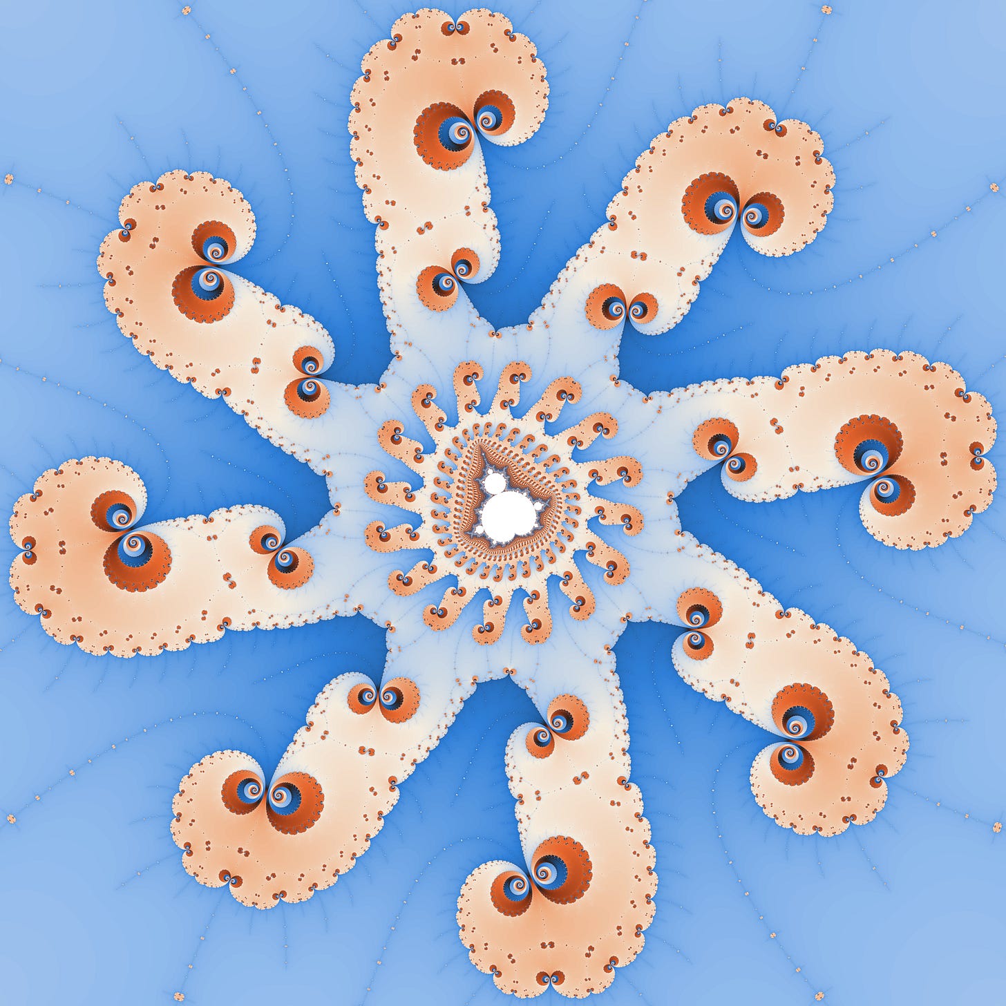 A seven-armed spiral of fractal filaments in pale cream and terracotta against blue, each arm ending in a spiral eye that repeats the whole pattern, a deep magnification of the Mandelbrot set. A seven-armed spiral of fractal filaments in pale cream and terracotta against blue, each arm ending in a spiral eye that repeats the whole pattern, a deep magnification of the Mandelbrot set.