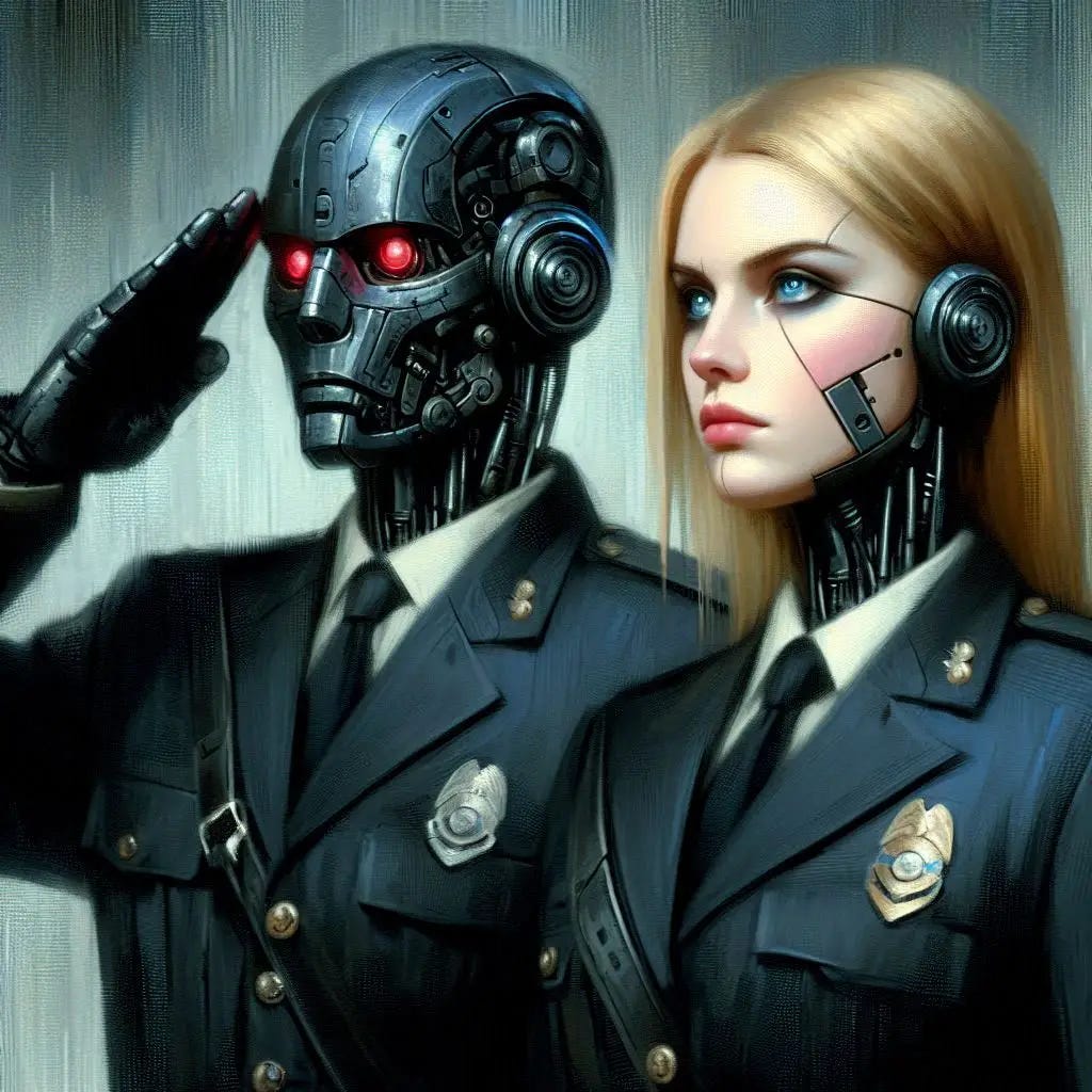 A pair of cyborgs, one male, one blonde female, both wearing black militaristic uniforms and saluting sharply. Slight impressionist style.