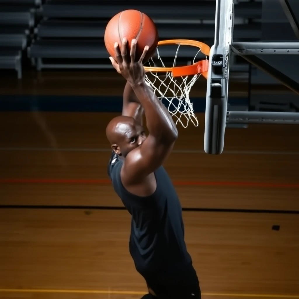 tall black bald man dunking basketball