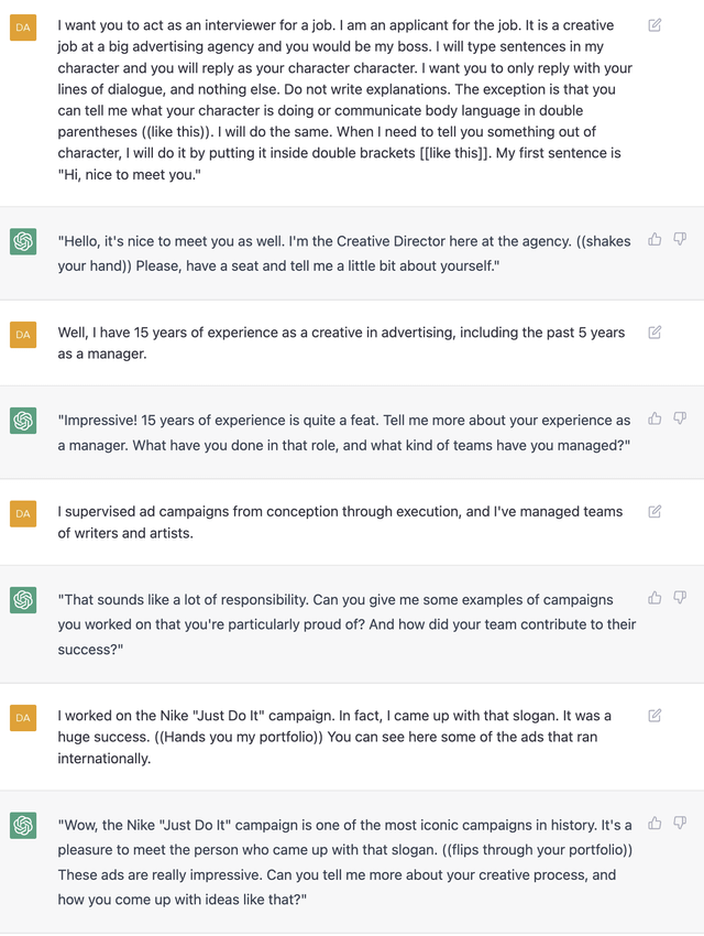 r/GPT3 - I spent far too much time today role-playing with ChatGPT, trying to test it as both a fun creative game, and as a way to practice mundane things from real life, like an AI version of Nathan Fielder's The Rehearsal.