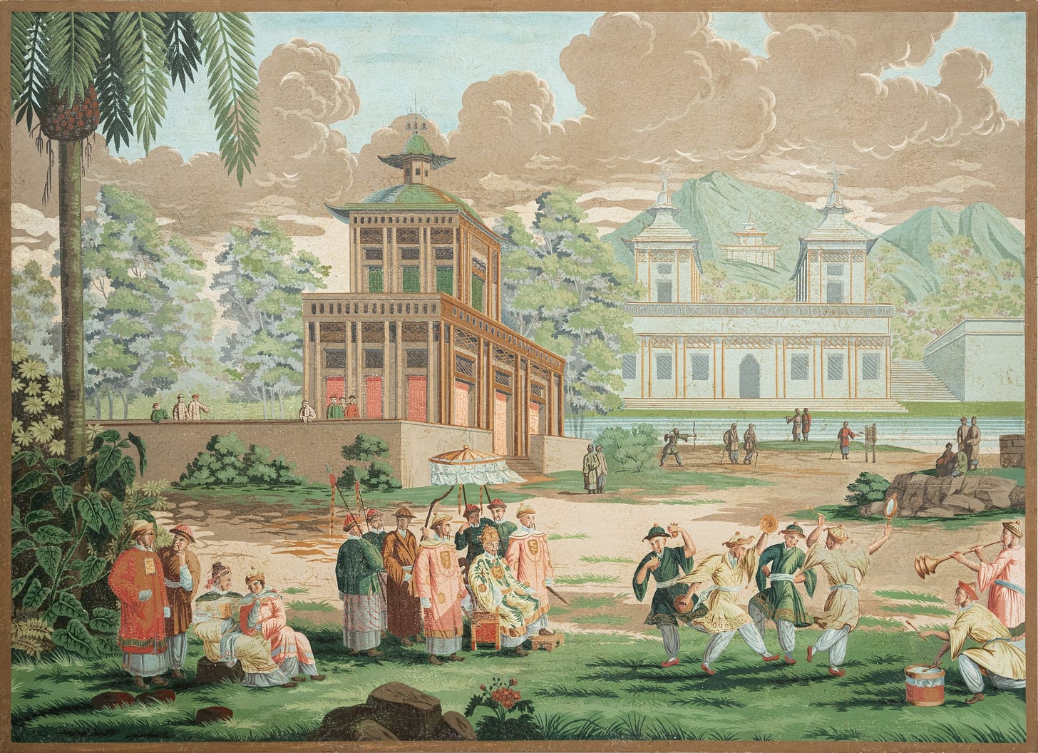 A Hand Painted Chinoiserie Design Wallpaper on Board Panel For Sale