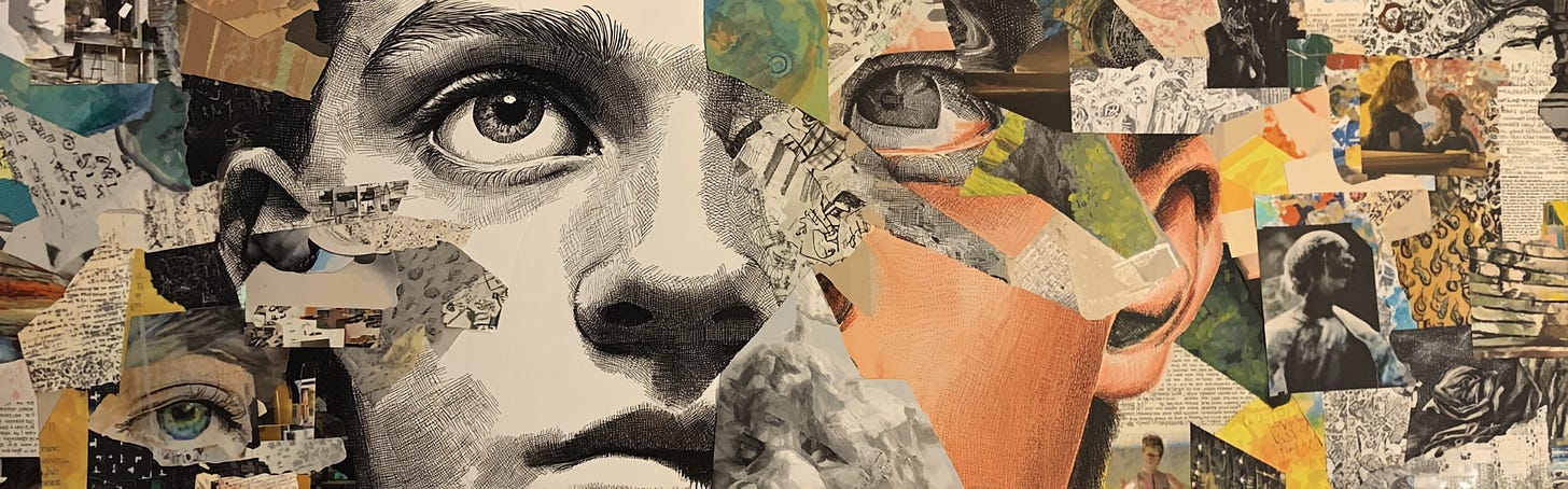 Mixed-media collage of torn papers forming a student’s face—eyes, nose, and ear—surrounded by layered textures and photos, suggesting many pieces coming together like self-awareness woven into any lesson.