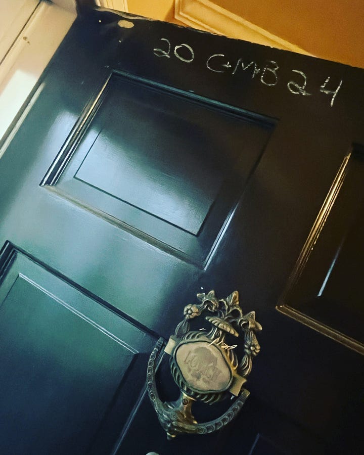 Door chalking on two separate doors in first two pictures (the text will explain more what it is and what it says!) and two photos (slice and whole) of the Twelfth Night Cake I made