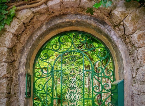 Garden gate with vines, personal mandala offering to a place I hold dear in my heart, and an invitation to answer a call