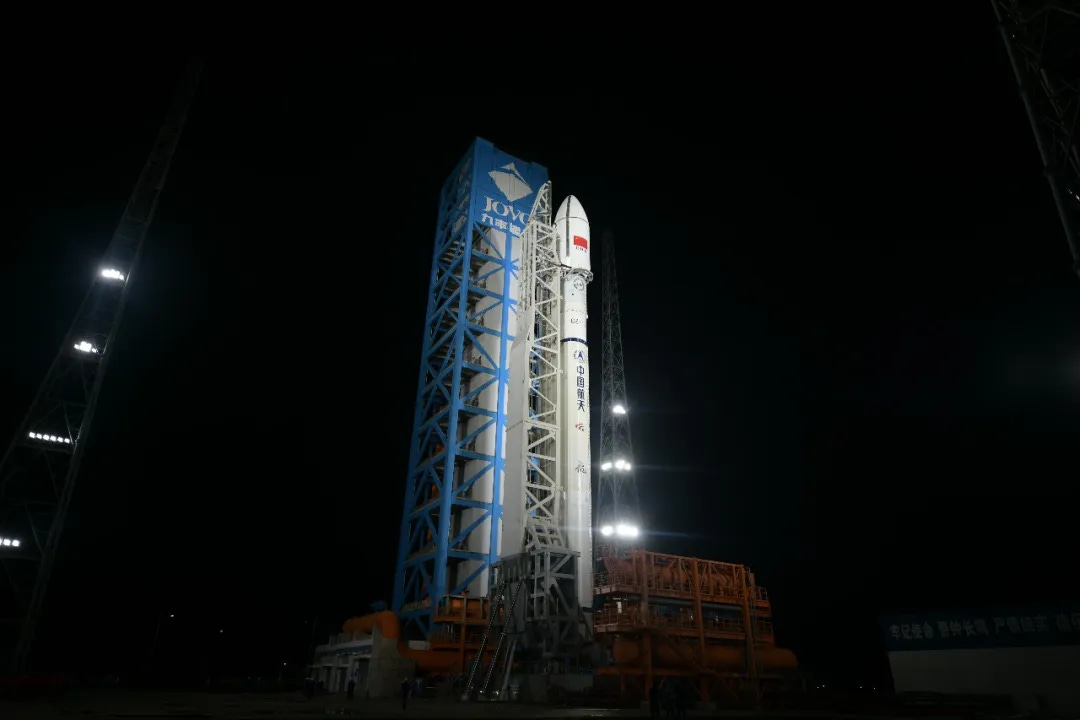 The Long March 12 Y8 vehicle at Commercial Launch Pad 2 the night before its launch mission. The Long March 12 Y8 vehicle at Commercial Launch Pad 2 the night before its launch mission.