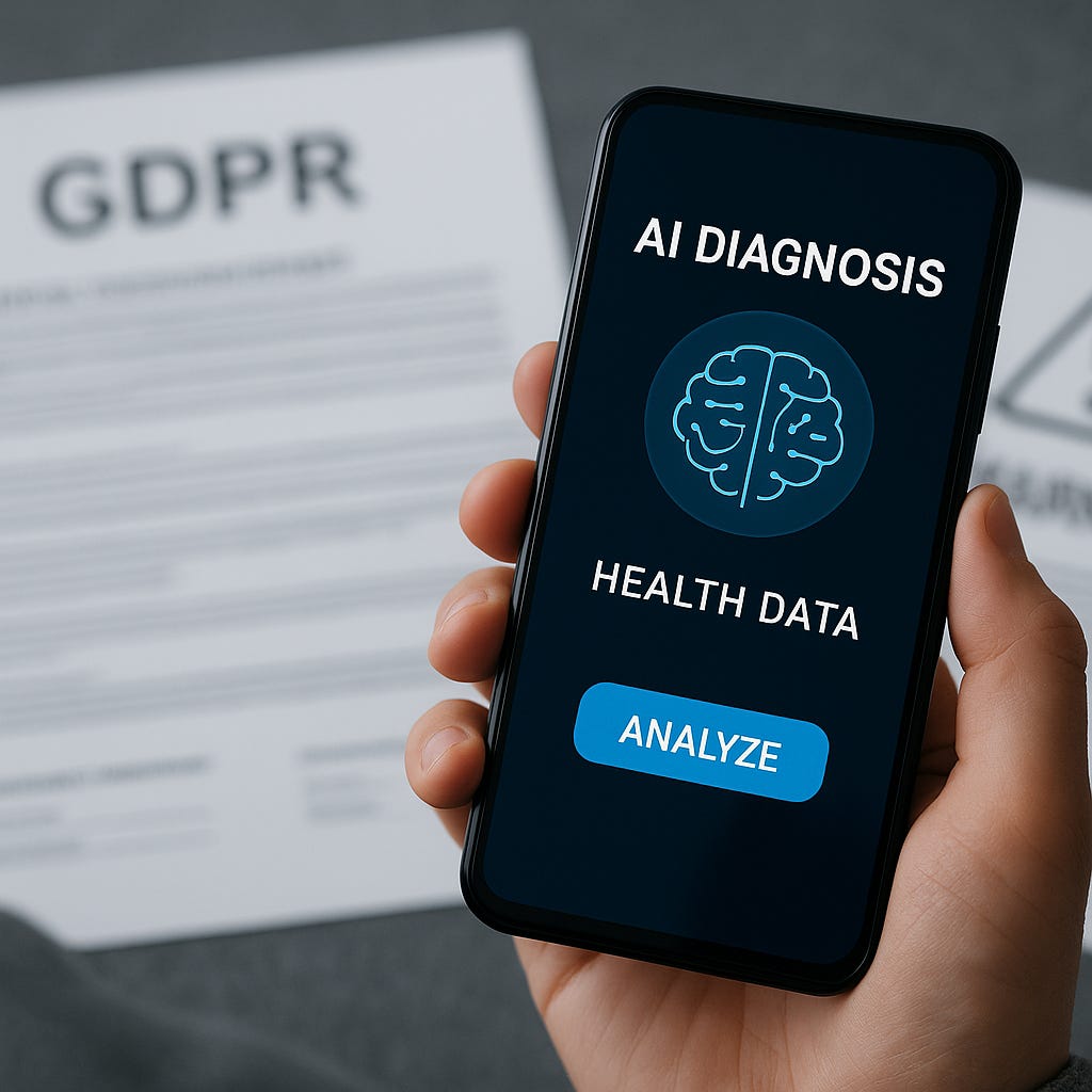 A close-up photo of a person holding a smartphone that displays an AI health diagnosis app with the words “Health Data” and “Analyze” on screen. In the blurred background, GDPR documents and a warning symbol indicate regulatory concerns about personal data use.